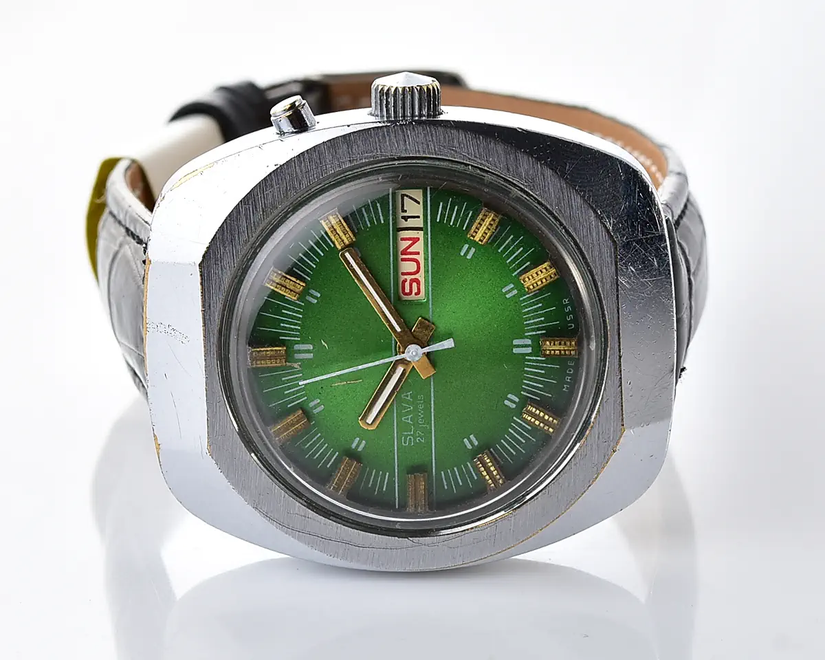 Slava Soviet automatic watch with green dial, day & date, 27 jewels, from the 1980s - Image 8