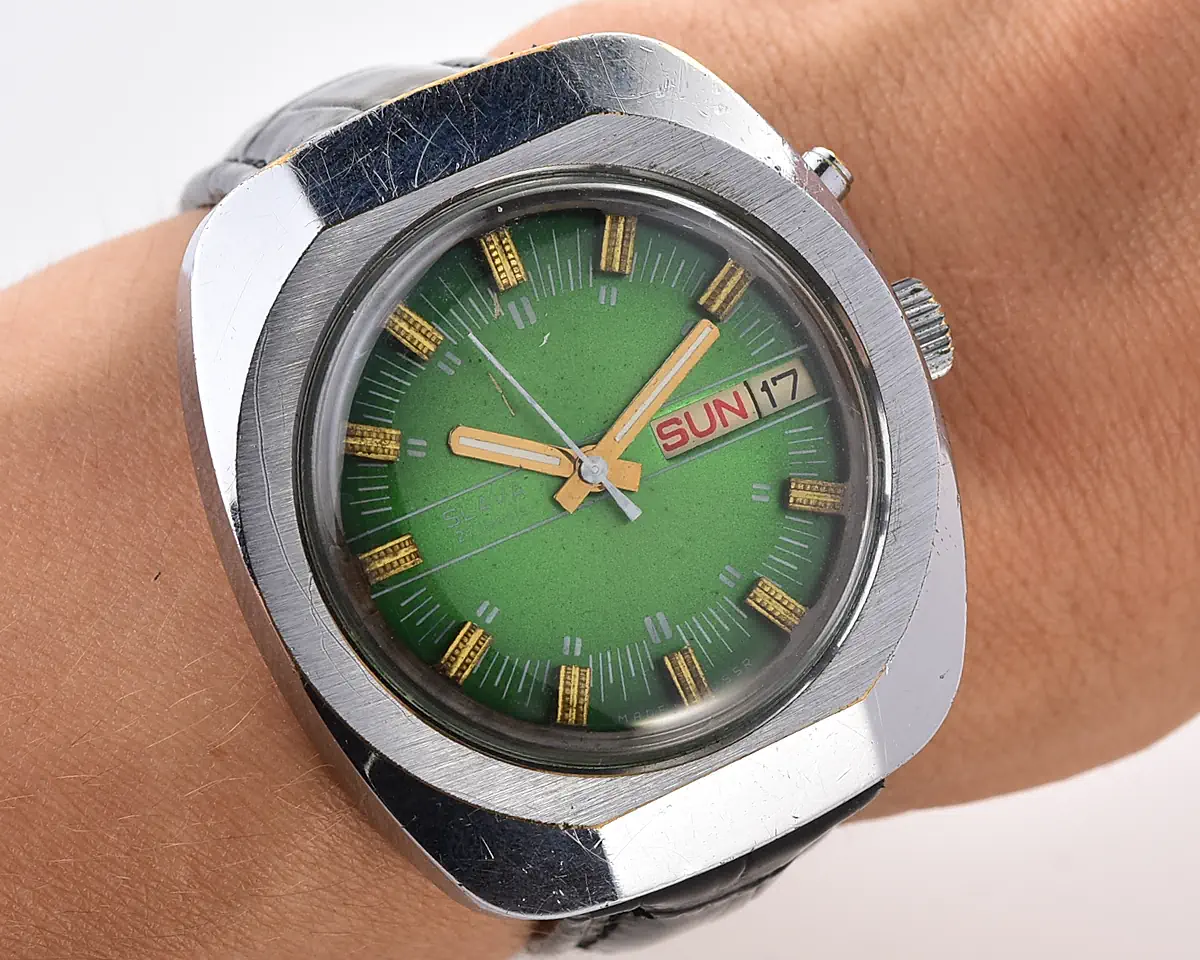Slava Soviet automatic watch with green dial, day & date, 27 jewels, from the 1980s - Image 6