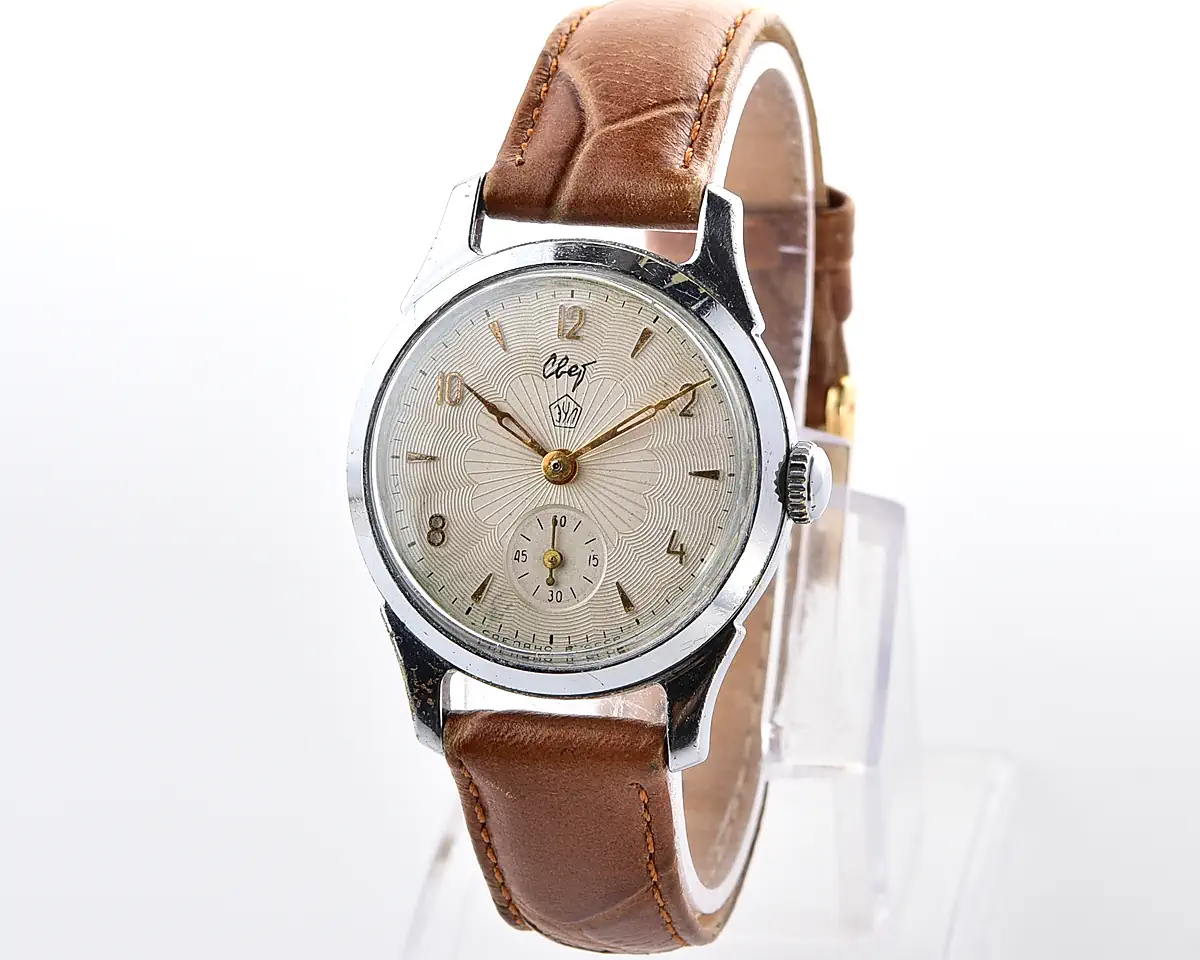 Soviet Svet "Light" vintage mechanical watch with silver guilloché dial, EChL factory, 1960s