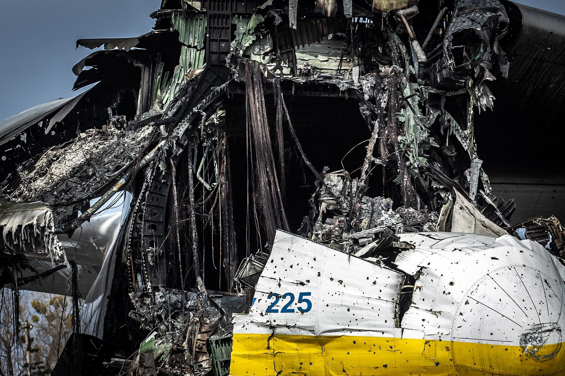 Mriya An-225 destroyed at Hostomel, 2022 Burned wreck of the Antonov An-225 Mriya at Hostomel, April 2022
