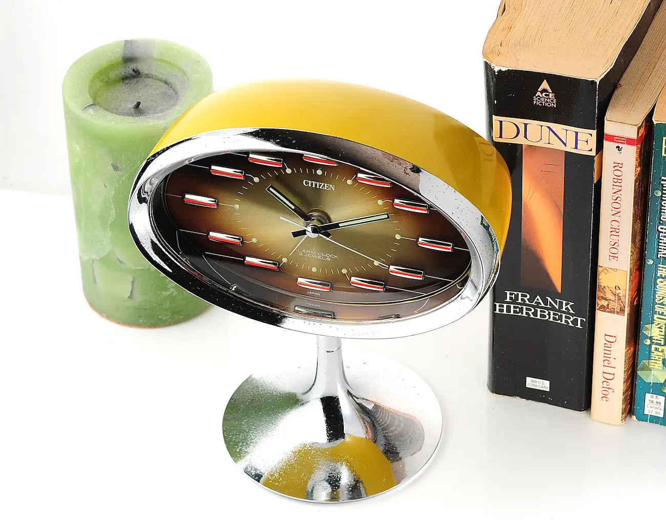 Vintage Citizen Space Age Oval Alarm Clock – Mustard Yellow, Chrome Tulip Stand