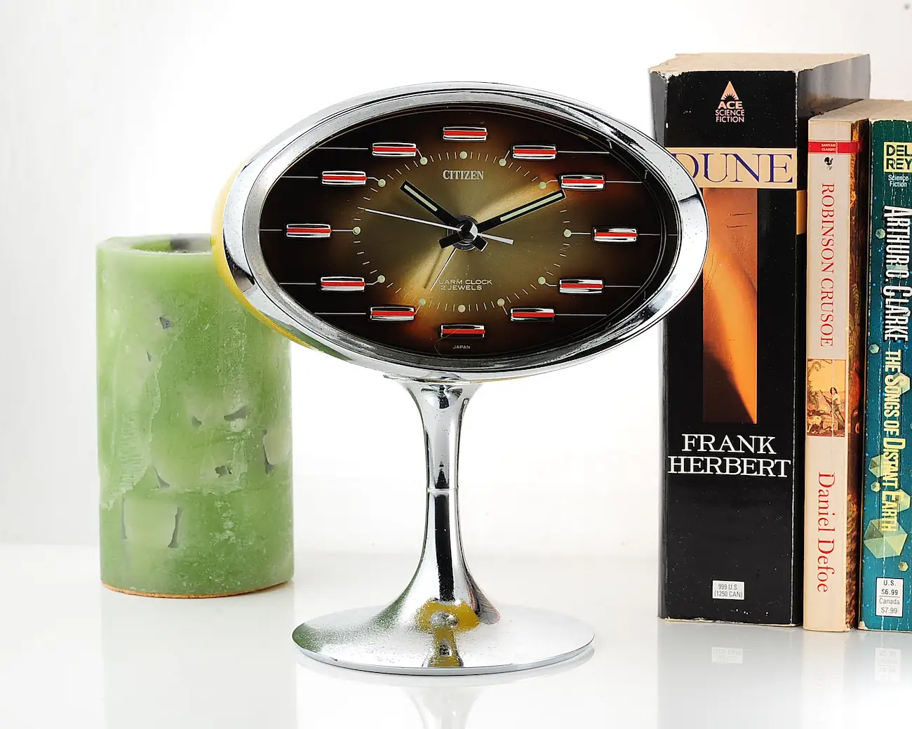 CITIZEN Space Age Oval Showa RetroTable Clock 51141 mustard tulip stand 21553-SWS_3190