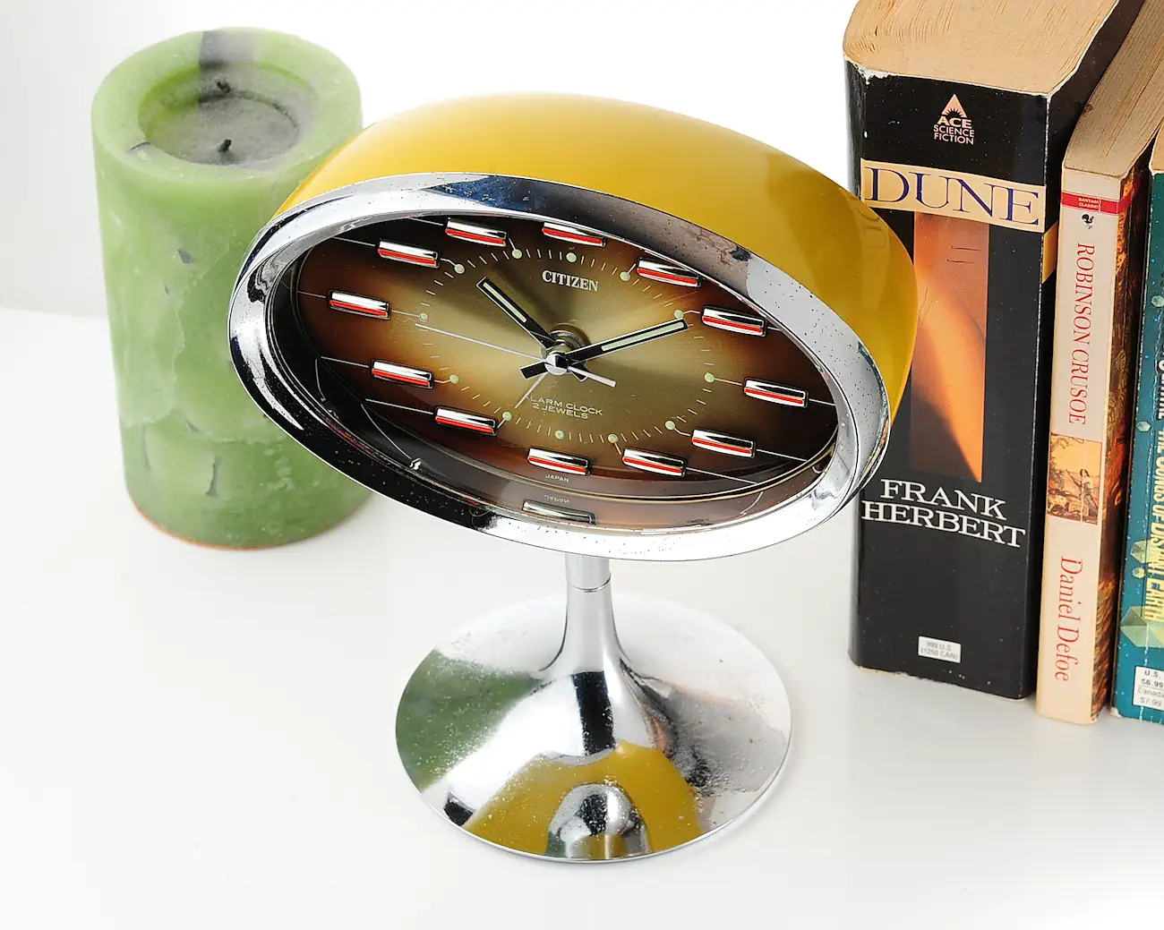 Vintage Citizen Space Age Oval Alarm Clock – Mustard Yellow, Chrome Tulip Stand - Image 6