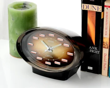 Vintage Citizen Space Age Oval Alarm Clock – Brown Sunburst Dial, 2 Jewels
