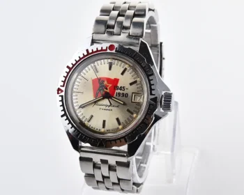 Soviet Vostok Komandirskie limited series watch "Zakaz MO CCCP" – Victory 1945–1990 anniversary dial with date, from 1990