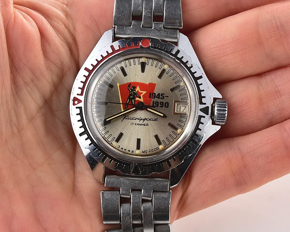 Soviet Vostok Komandirskie limited series watch "Zakaz MO CCCP" – Victory 1945–1990 anniversary dial with date, from 1990 - Image 6