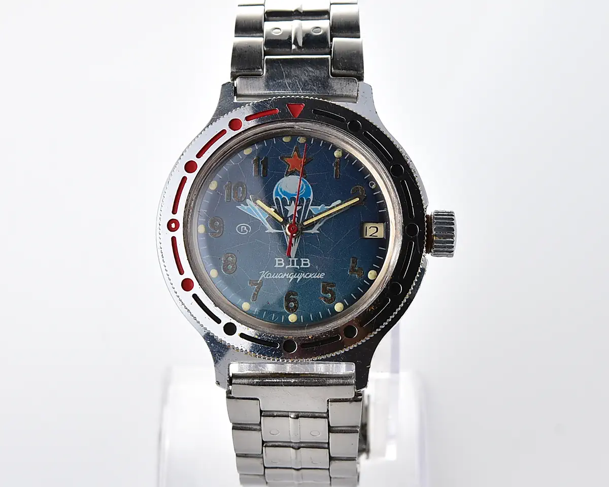 Russian Vostok Komandirskie "Paratroopers" automatic watch with date – blue VDV dial, steel bracelet - Image 2