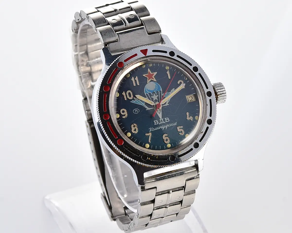 Russian Vostok Komandirskie "Paratroopers" automatic watch with date – blue VDV dial, steel bracelet - Image 3