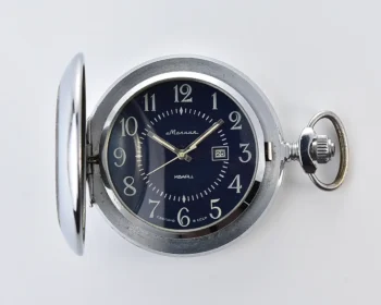 Soviet Molnija Quartz Pocket Watch – Blue Dial with Date