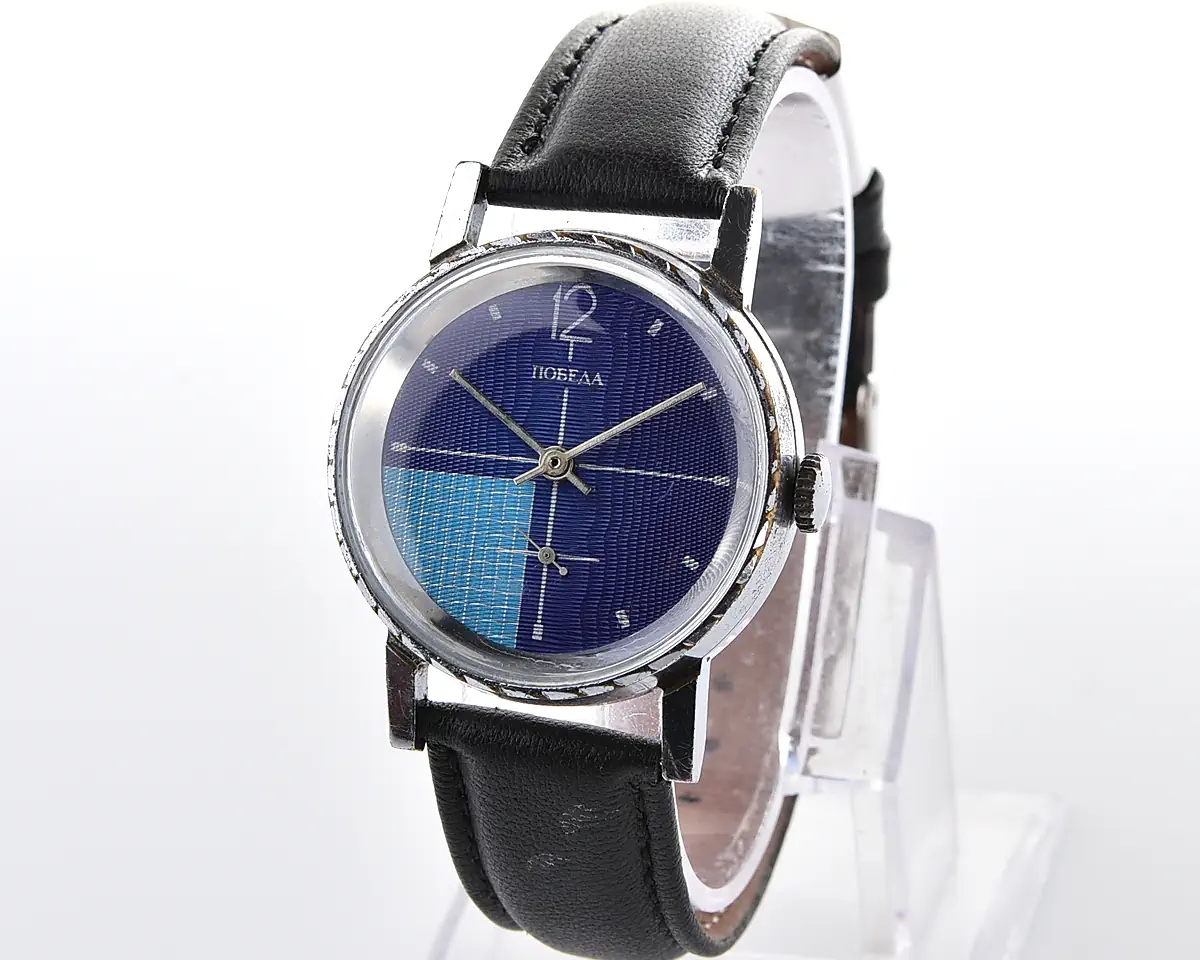 Vintage Soviet Pobeda mechanical watch, ZiM factory – blue textured dial with turquoise grid quadrant and small seconds, from the 1970s-80s