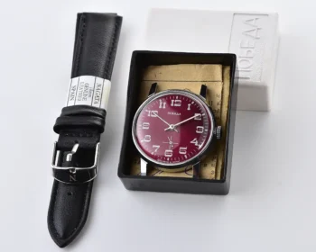 Vintage Soviet Pobeda mechanical watch, ZiM factory – burgundy dial with small seconds, complete with box & passport, from April 1989