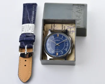 Vintage Pobeda mechanical watch, ZiM factory – blue dial with small seconds, complete with box & passport, from January 1996