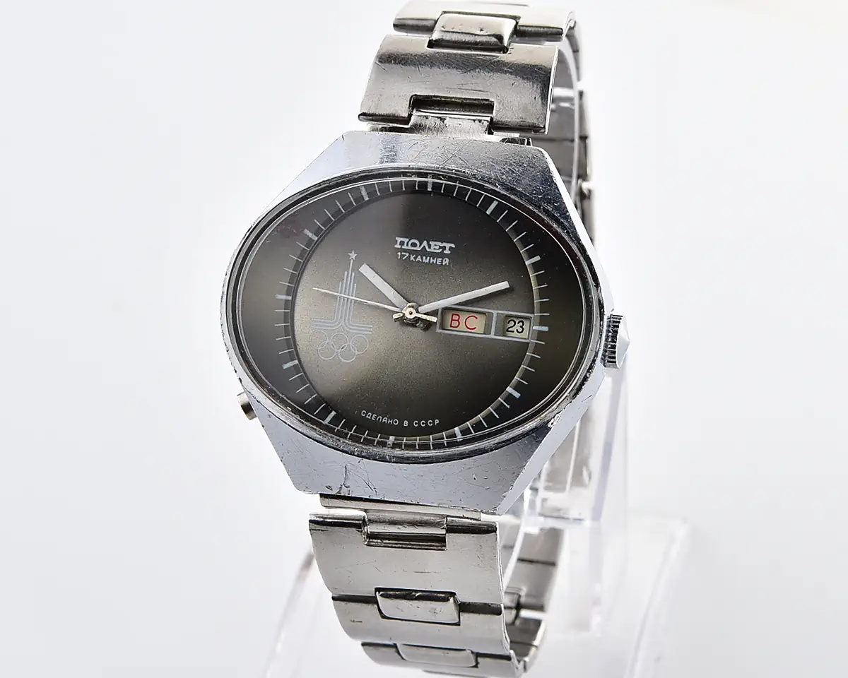 Vintage Soviet Poljot Olympic Moscow 1980 day-date mechanical watch with grey gradient dial & oval "Stadium" case