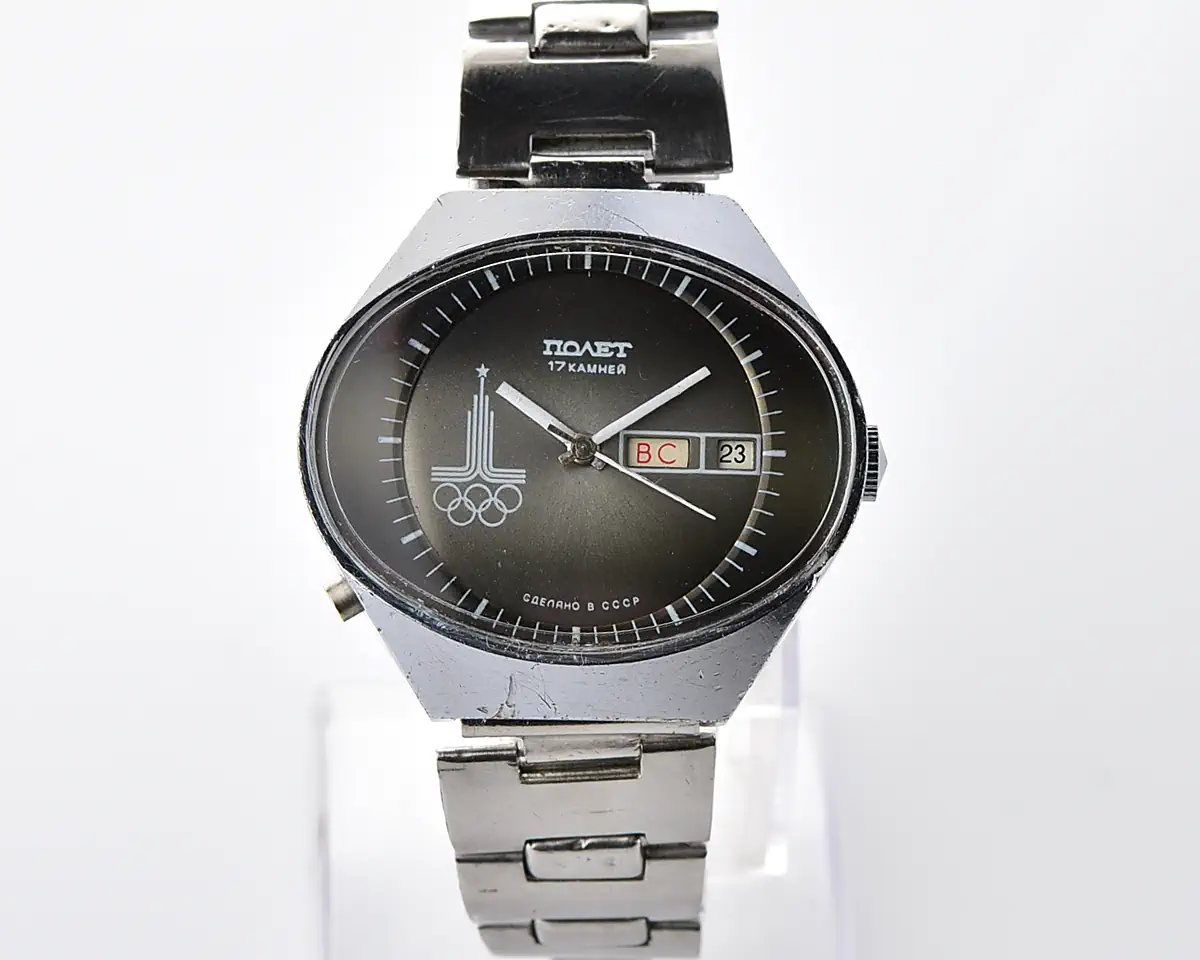 Vintage Soviet Poljot Olympic Moscow 1980 day-date mechanical watch with grey gradient dial & oval "Stadium" case - Image 2