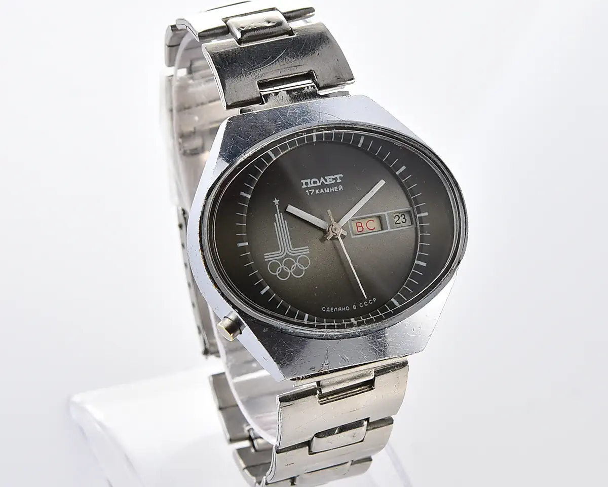 Vintage Soviet Poljot Olympic Moscow 1980 day-date mechanical watch with grey gradient dial & oval "Stadium" case - Image 3