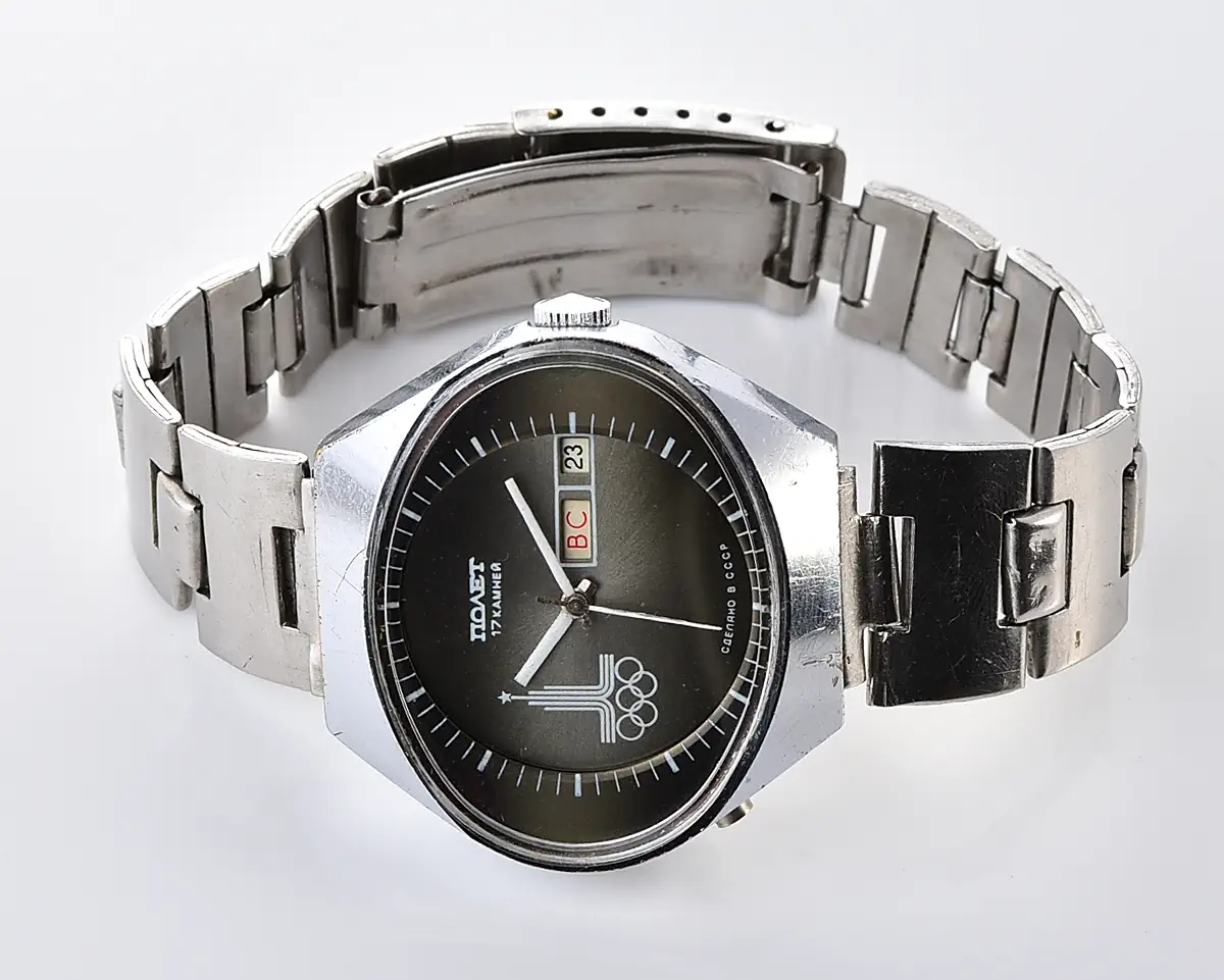 Vintage Soviet Poljot Olympic Moscow 1980 day-date mechanical watch with grey gradient dial & oval "Stadium" case - Image 5