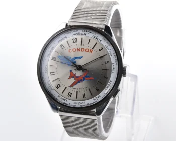 Vintage Raketa "Condor" 24-hour world time watch - silver sunburst dial with jet & eagle, 1990s, Cal. 2623