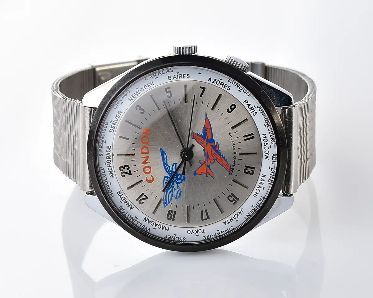 Vintage Raketa "Condor" 24-hour world time watch - silver sunburst dial with jet & eagle, 1990s, Cal. 2623 - Image 5