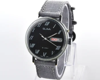 Slava Soviet mechanical watch with black dial and Roman numerals, day & date, 26 jewels, from the 1980s