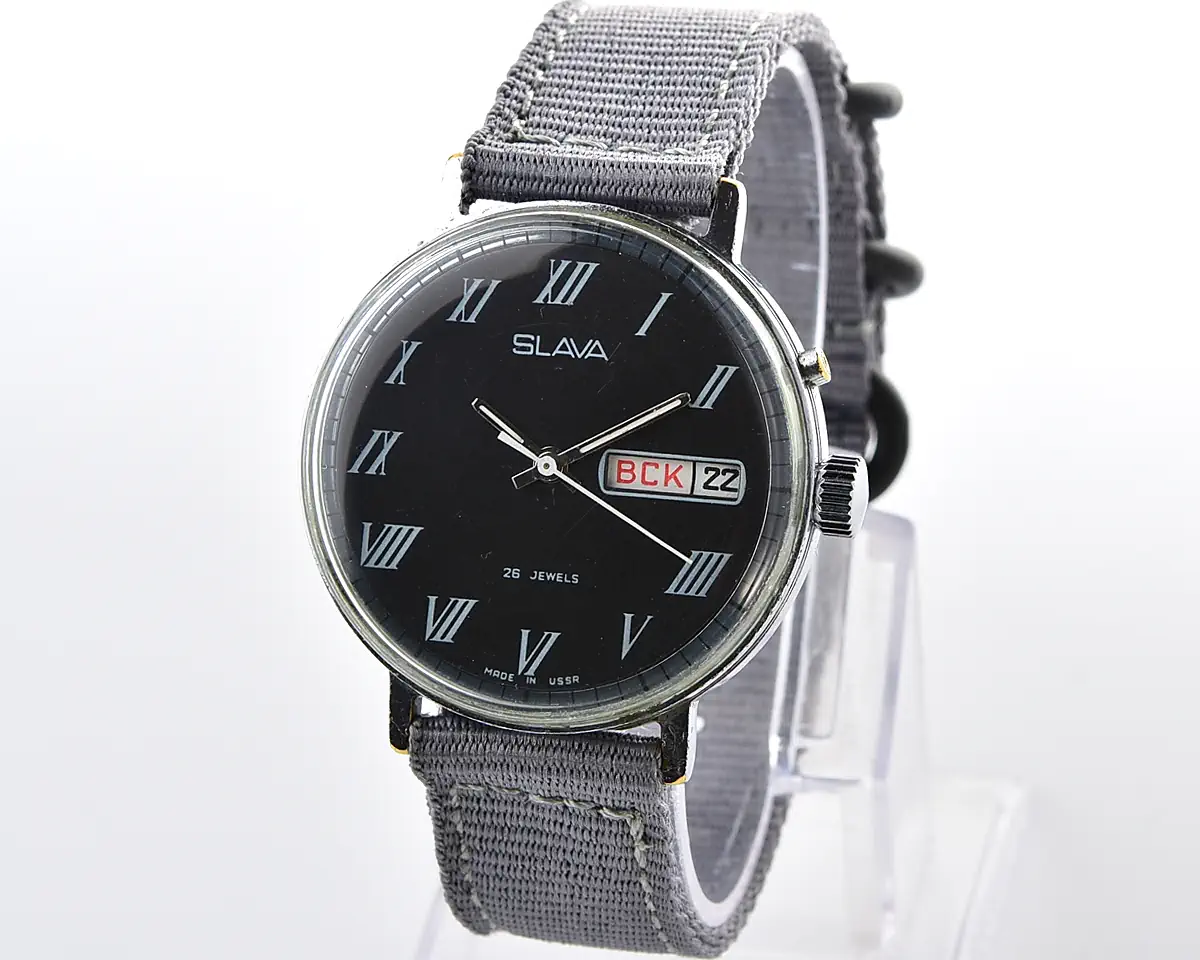 Slava Soviet mechanical watch with black dial and Roman numerals, day & date, 26 jewels, from the 1980s