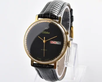 Vintage Soviet Slava Gold-Plated Day-Date, 26 Jewels - Black Dial with Gold Hands, Russian Day