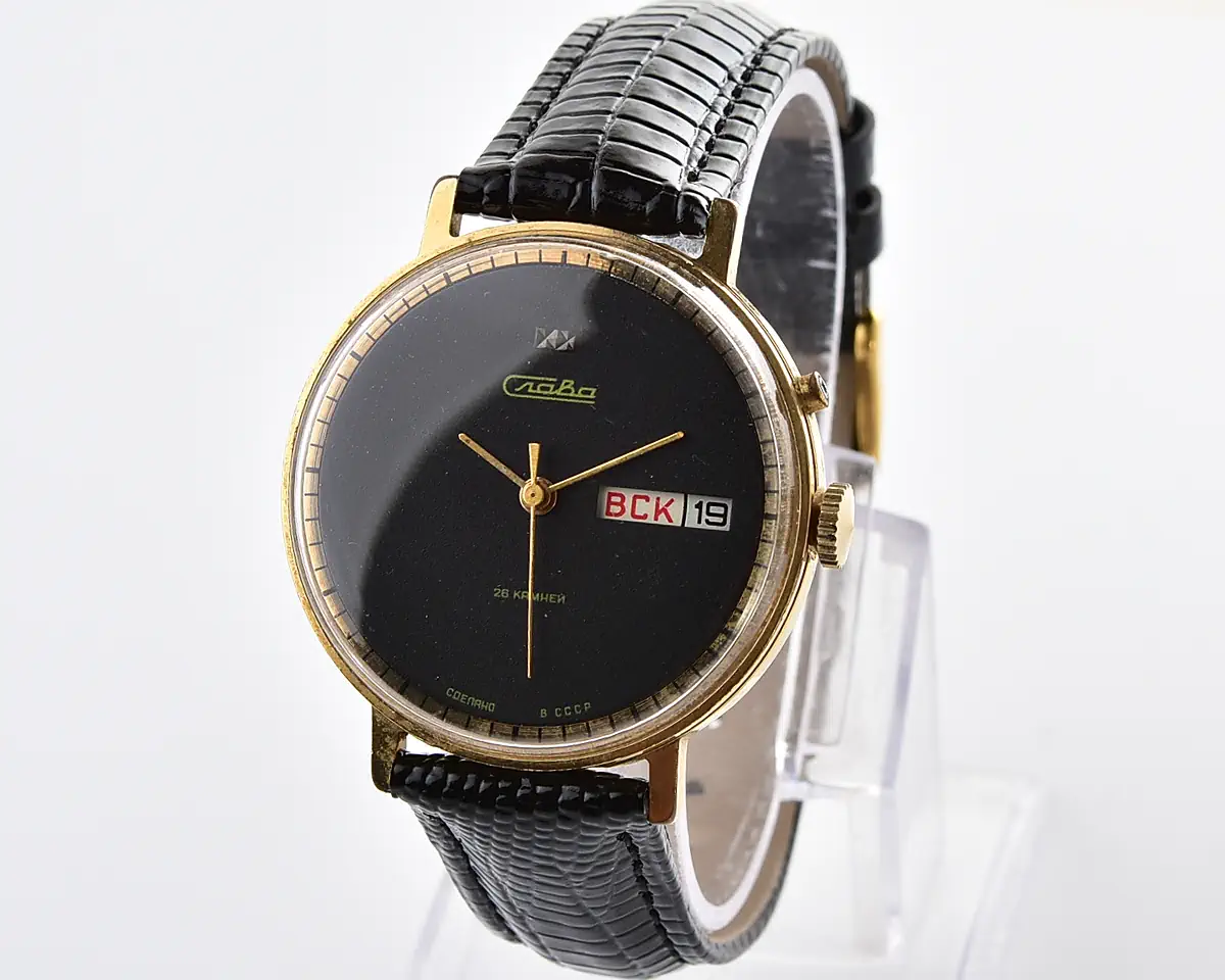 Vintage Soviet Slava Gold-Plated Day-Date, 26 Jewels - Black Dial with Gold Hands, Russian Day