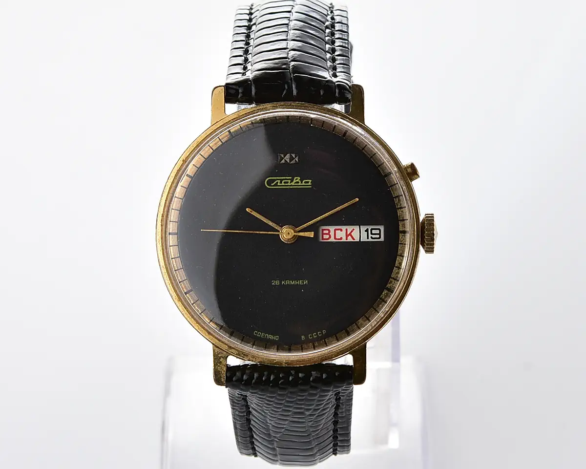 Vintage Soviet Slava Gold-Plated Day-Date, 26 Jewels - Black Dial with Gold Hands, Russian Day - Image 2