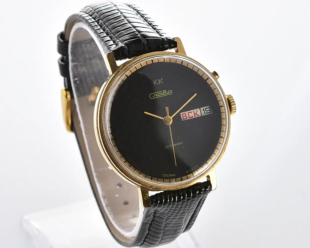 Vintage Soviet Slava Gold-Plated Day-Date, 26 Jewels - Black Dial with Gold Hands, Russian Day - Image 3