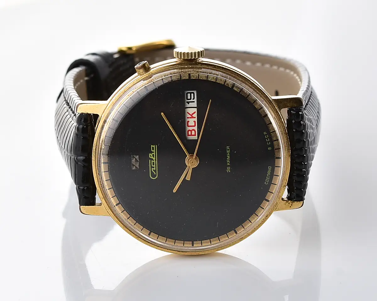 Vintage Soviet Slava Gold-Plated Day-Date, 26 Jewels - Black Dial with Gold Hands, Russian Day - Image 6