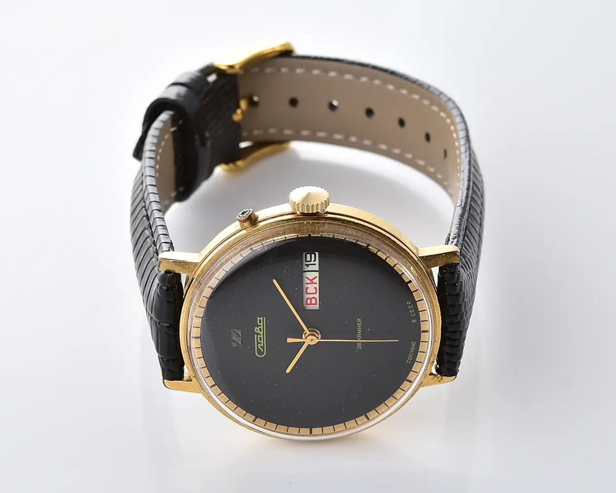 Vintage Soviet Slava Gold-Plated Day-Date, 26 Jewels - Black Dial with Gold Hands, Russian Day - Image 5