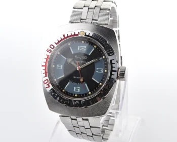 Soviet Vostok Amphibia tonneau mechanical watch – black and blue dial, steel bracelet