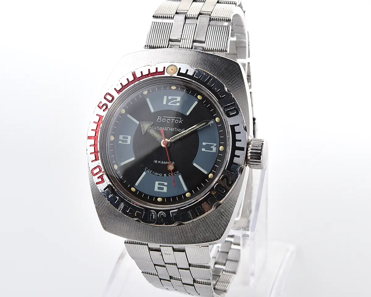 Soviet Vostok Amphibia tonneau mechanical watch – black and blue dial, steel bracelet
