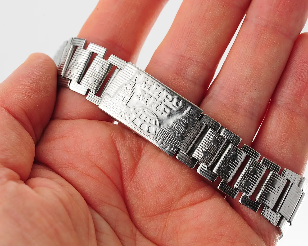 Vintage Soviet stainless steel 18mm x 175mm watch bracelet with «МИРУ – МИР» Kremlin & Capitol peace buckle - Image 6